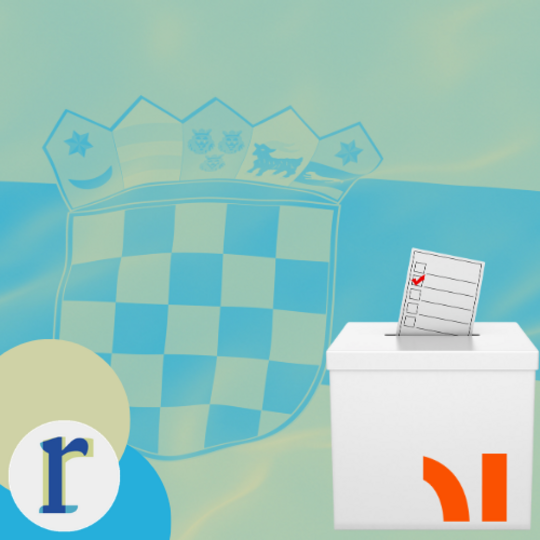 Croatia's checkered coat of arms, crowned by five smaller shields, on a blue background beside a ballot box with a checked voting slip, representing elections in Croatia.