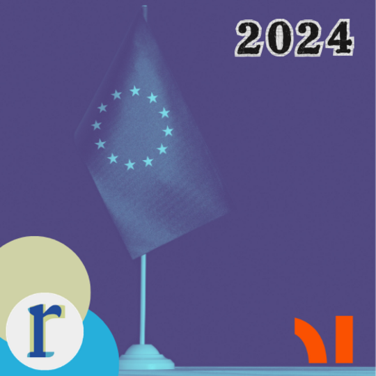 A small European Union flag on a desk stand against a purple background, next to the bold text "2024", marking the EU elections that year.