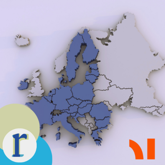 A stylised 3D relief map of Europe, with EU member states raised and coloured blue and non-member states left flat and grey.