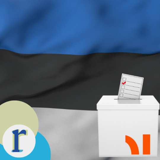 The Estonian national flag (blue, black, white) behind a ballot box with a checked voting slip, representing elections in Estonia.