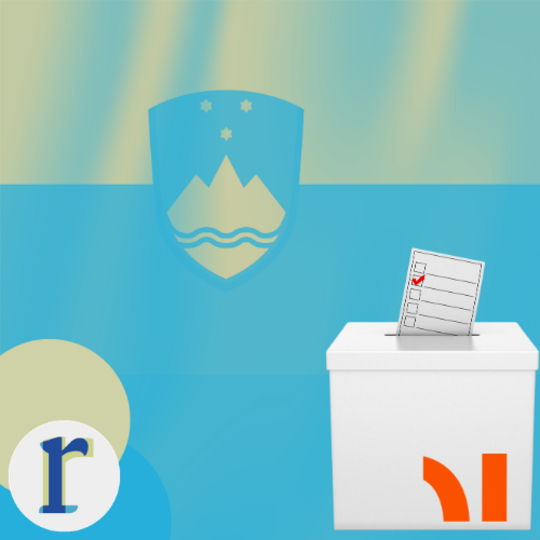 The Slovenian coat of arms on a blue background beside a ballot box with a checked voting slip, representing elections in Slovenia.