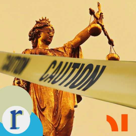 A golden statue of a blindfolded Lady Justice holding scales, with yellow "CAUTION" tape stretched diagonally across the image.
