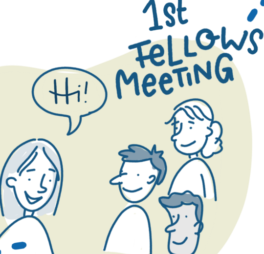 A cartoon-style graphic shows an exchange between a group of people. A woman is greeting the group, and the group is showing their interest.