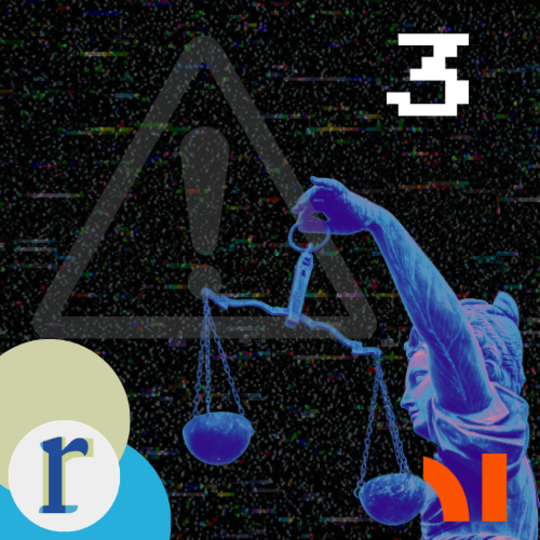 A distorted, glitch-effect image of a blindfolded Lady Justice statue holding scales, overlaid with a warning triangle and exclamation mark, a pixelated "3", and digital static, on a black background.
