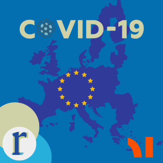 The word "COVID-19" (the "O" styled as a virus particle) above a dark-blue silhouette map of the European Union with a ring of gold EU stars at its centre.