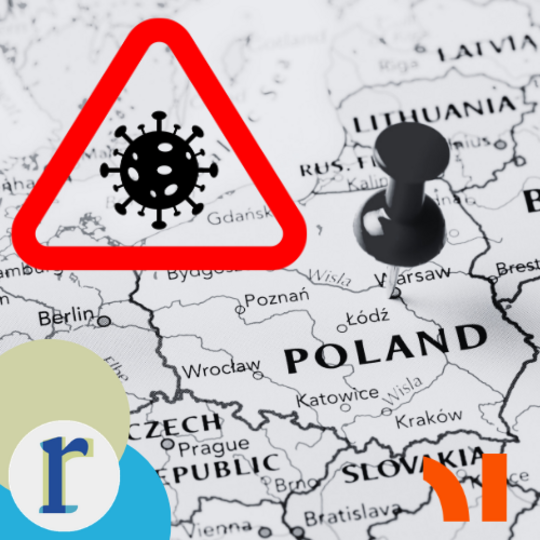 A red hazard triangle containing a virus icon, next to a map pin marking Warsaw on a map of Poland and its neighbouring countries.