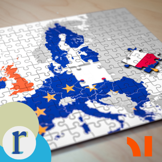 A jigsaw puzzle map of the European Union in blue with gold stars, with a piece missing from the middle, the UK shown as a separate orange piece to the west, and a Polish-flag-coloured piece detached to the east.