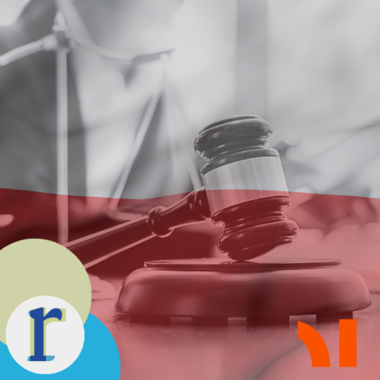 A gavel and scales of justice overlaid on the white-and-red Polish flag, symbolising the judiciary in Poland.