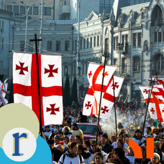 A crowd marching through a street carrying tall white banners with red crosses (the Georgian flag design), in front of historic buildings.