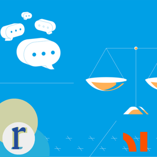 A flat-design icon of speech bubbles above a set of scales, in white and orange on a blue background, suggesting dialogue or debate around justice.