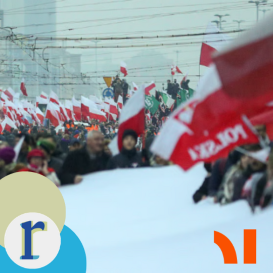 A dense crowd carrying red-and-white Polish flags and a large white banner reading "POLSKA" at a street demonstration, with a haze over the city skyline behind them.