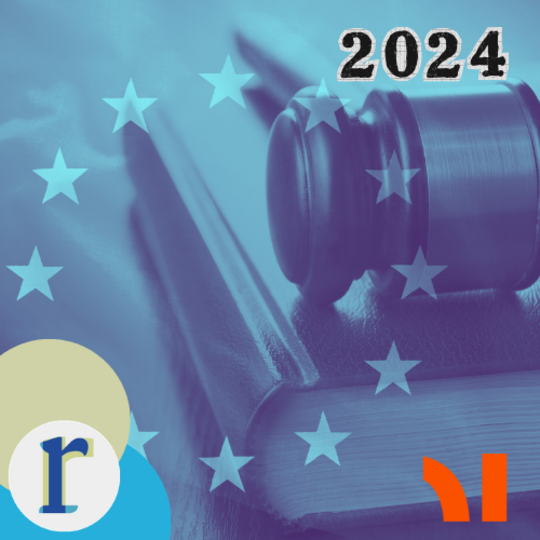 A wooden gavel resting on a book, overlaid with EU gold stars and a blue duotone tint, next to the bold text "2024".