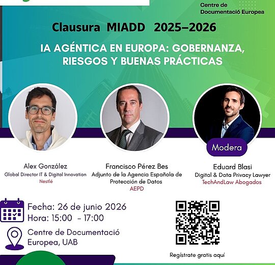 Event graphic with the title "AI and Democracy in Europe: Risks, Power, and Constitutional Futures", announcing a hybrid workshop on 26 June 2026 at the Autonomous University of Barcelona, organised by re:constitution alumni.i