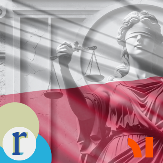 A blindfolded Lady Justice statue holding a scale, set against a cracked marble wall with light streaming through, overlaid with the Polish flag's white and red, symbolising judicial independence in Poland.