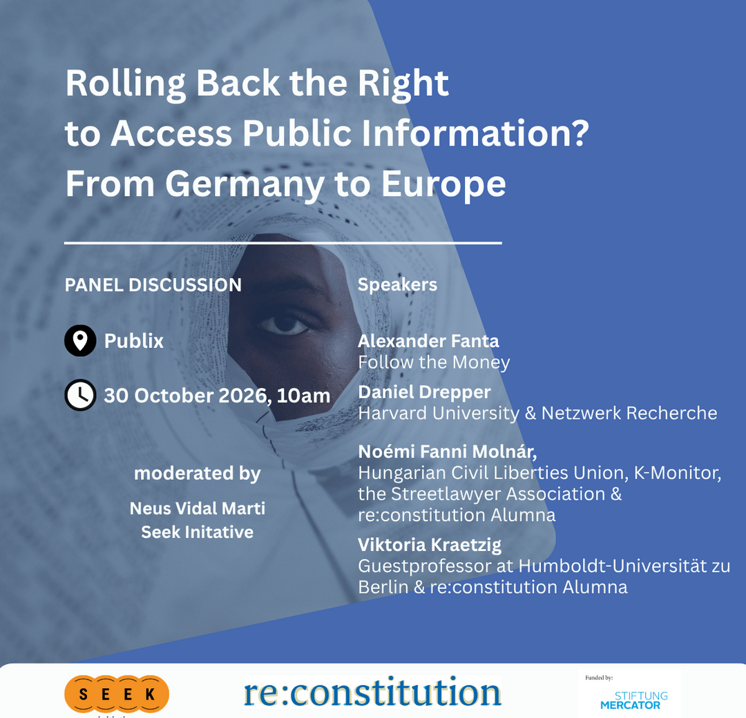 A poster aimed at promoting a panel discussion about right to access public information. The date, location and speakers are listed. The background picture has a person looking through a tunnel of newspaper