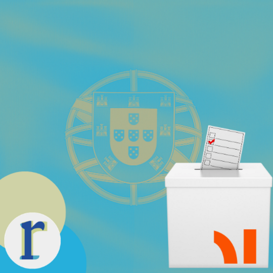 The Portuguese coat of arms on a light-blue background beside a ballot box with a checked voting slip, representing elections in Portugal.