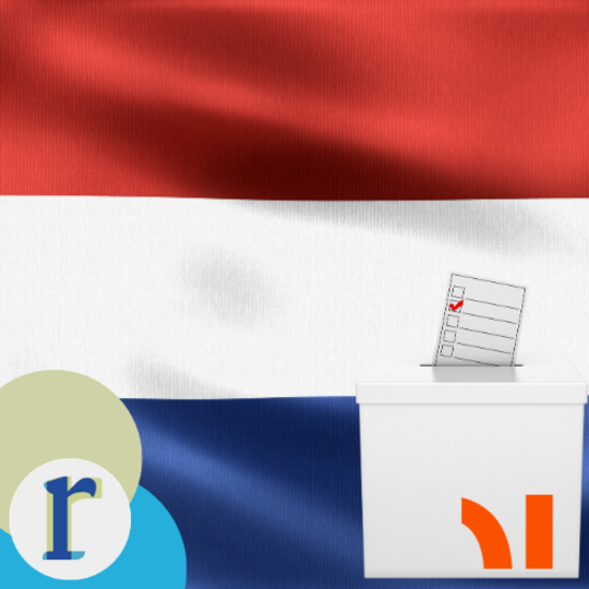 The Dutch national flag (red, white, blue) behind a ballot box with a checked voting slip, representing elections in the Netherlands.