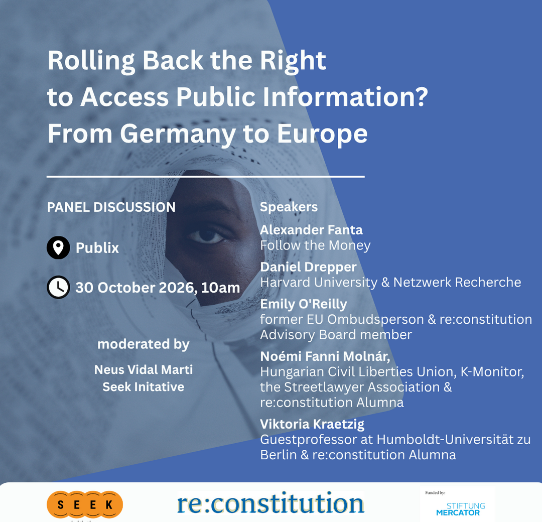Blue background with a photo of a black person's eye peering through a rolled-up newskpaper as if through a telescope. In addition, the title, date & place, and speakers with their affiliations are named as in the announcement text.