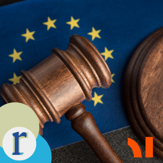 A wooden gavel resting on its sound block, photographed against a backdrop of the EU flag's circle of gold stars.