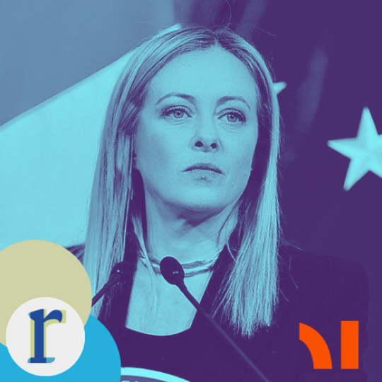 A blonde woman photographed mid-speech at a podium with microphones, in a blue duotone tint with a star motif behind her — the likeness resembles Italian Prime Minister Giorgia Meloni, though I can't be fully certain from the image alone.