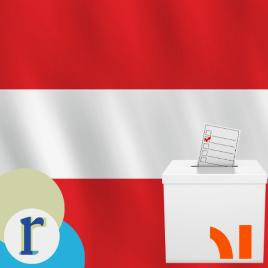 The Austrian national flag (red, white, red) behind a ballot box with a checked voting slip, representing elections in Austria.