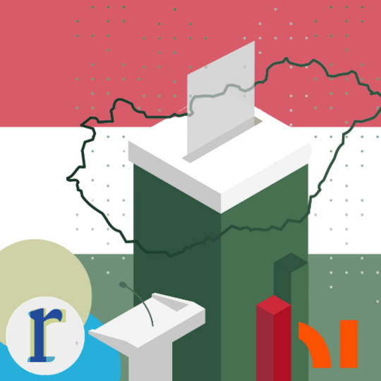 An isometric illustration of a green ballot box with a voting slip and a small lectern, set against the red-white-green Hungarian flag with an outline of Hungary's map overlaid.