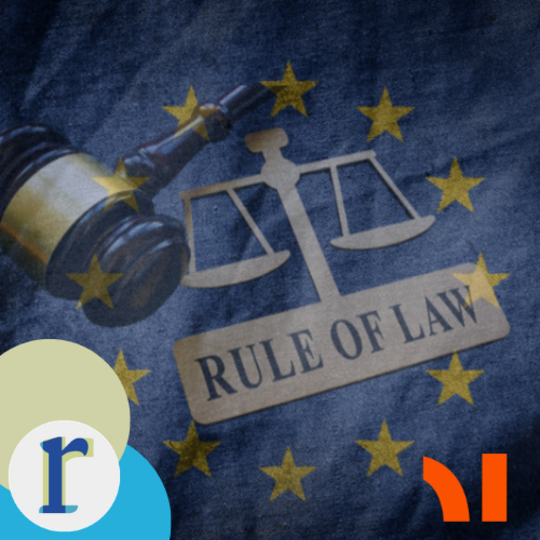 A gavel and a set of scales printed on denim-like fabric surrounded by EU gold stars, above a label reading "RULE OF LAW"