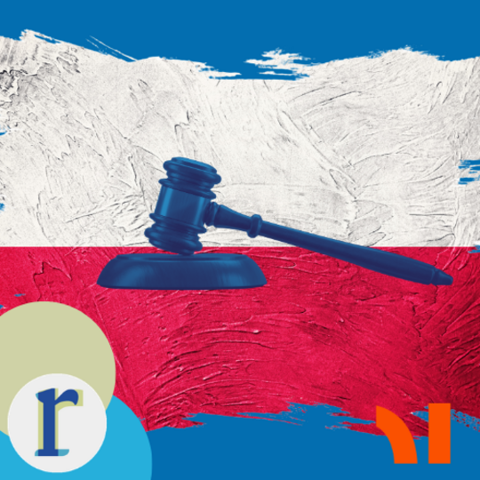 A gavel and its stand rendered in a rough painted style over a red-and-white textured background resembling the Polish flag.