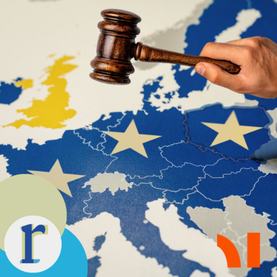 A hand holding a gavel above a map of Europe, with the UK highlighted in yellow and gold EU stars marking several member states.