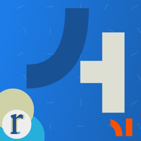 Judiciary Hub Logo: An abstract graphic of two geometric shapes, a dark-blue curved right-angle form and a cream-coloured stepped block, on a blue background with small dash marks.