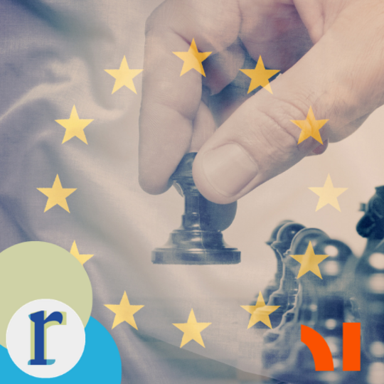 A hand pressing a stamp down onto a background of EU gold stars, with a small crown-like shape in the lower right.
