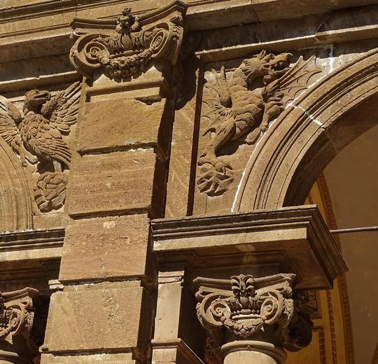 Detail of archway with relief at Villa Mondragone in Rome