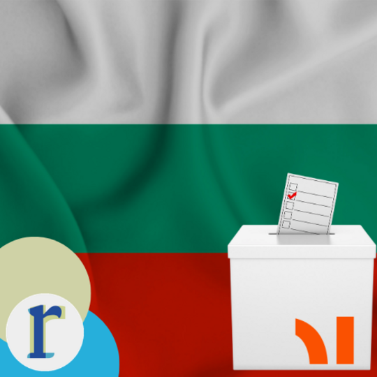 The Bulgarian national flag (white, green, red) behind a ballot box with a checked voting slip, representing elections in Bulgaria.