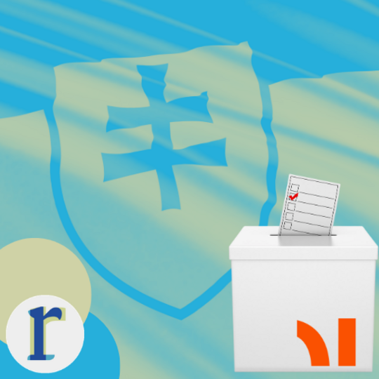 Slovakia's coat of arms, a white double cross on three blue hills, on a blue background beside a ballot box with a checked voting slip, representing elections in Slovakia.