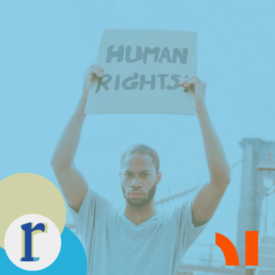 A young man standing outdoors, holding a hand-lettered sign reading "HUMAN RIGHTS!" above his head, with a bridge visible in the background, shown in a blue-tinted duotone.