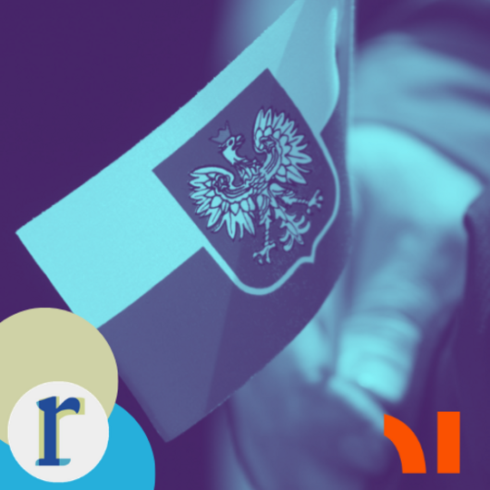 A small Polish flag with the national coat of arms, held up and waved, in a blue duotone tint.