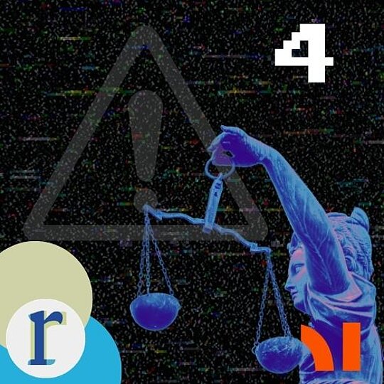 A distorted, glitch-effect image of a blindfolded Lady Justice statue holding scales, overlaid with a warning triangle, an exclamation mark, and a large "1", on a black background with digital static, in a blue-purple tint.