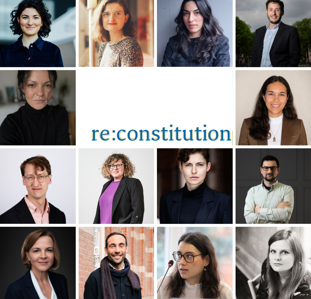 A square collage of images made up of 14 square portrait photos of the new re:constitution Fellows mentioned in the post. In the middle, two squares are white with the re:constitution logo across them.