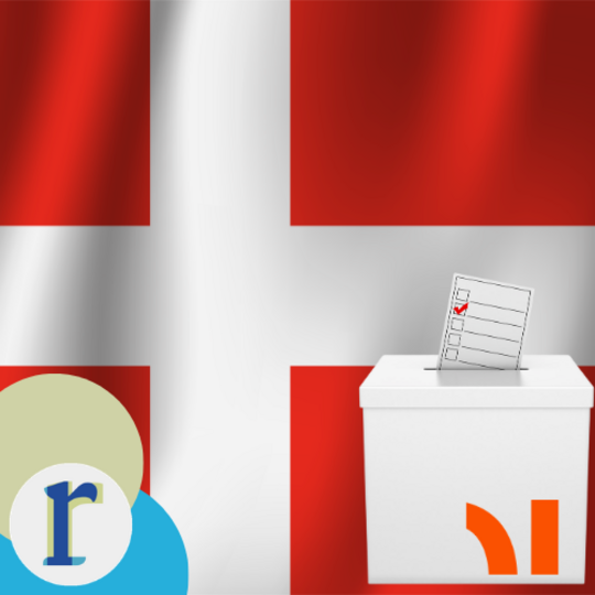 A red flag with a white Nordic cross, resembling the Danish flag, behind a ballot box with a checked voting slip, representing elections.