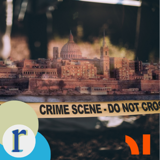 Yellow "CRIME SCENE - DO NOT CROSS" tape stretched across the foreground, with the Valletta, Malta skyline (domed cathedral, spires) behind it.