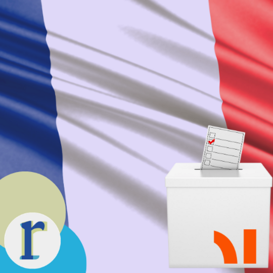 The French national flag (blue, white, red) behind a ballot box with a checked voting slip, representing elections in France.