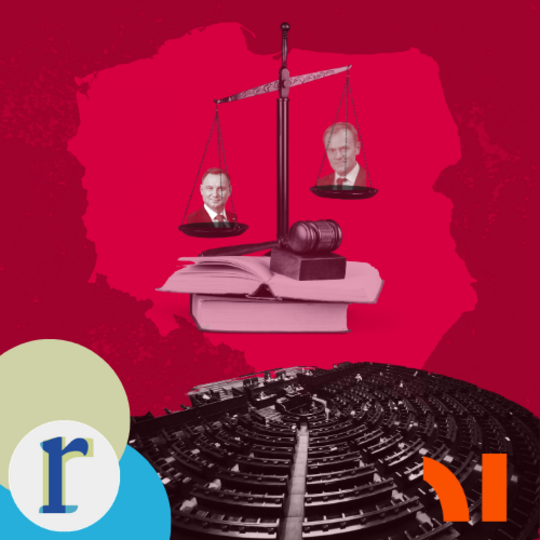 A set of scales balancing circular portrait photos of two men in suits on each pan, with a gavel and an open book beneath, set against a red silhouette of Poland's map above a view of the European Parliament's hemicycle — I can't confidently identify the two individuals from the image, so I've left them undescribed by name.