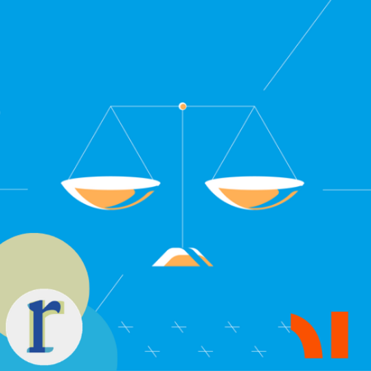 A simple flat-design icon of a balanced set of scales in white and orange on a blue background.