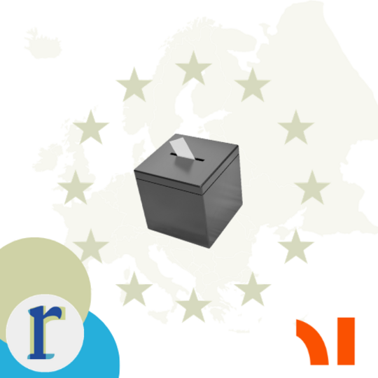 A dark grey ballot box on a pale background, with a faint outline of the EU map and a ring of stars behind it