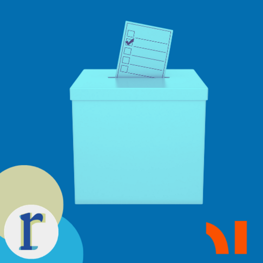 A light-blue ballot box with a checked voting slip on a blue background, a generic illustration representing elections or voting.
