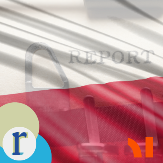 The Polish flag (white, red) behind a ring binder, with the word "REPORT" stamped across the page in the foreground.