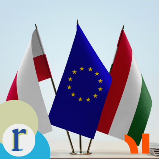Three flags on stands side by side — Poland, the EU, and Hungary.