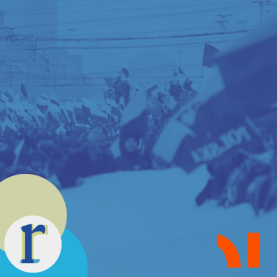 A blurred crowd of protesters waving flags, one reading "POLSKA", shown in a dark-blue duotone tint.