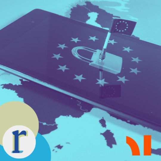 A smartphone displaying a padlock and a ring of EU stars on its screen, with an EU flag planted on top like a pin, over a map of Europe, in a blue duotone tint.