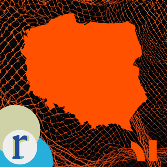 An orange silhouette map of Poland set against a black background covered in an orange net or mesh pattern, suggesting entrapment.